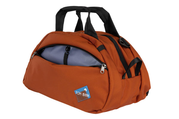 The Old School Carry All in Burnt Orange 630 Ballistic with Dusk (blueish purple with light blueish purple grid) 210 Cerylon interior.